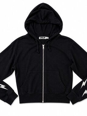 CHRLD Black Lightning Bolt Zip Hoodie Sparkle Sleeve XS